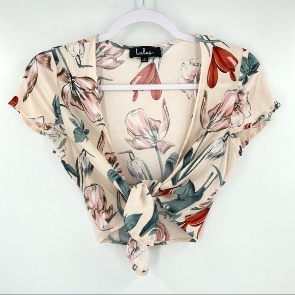 Lulus Tops - Lulus Cream Floral Tie Front Crop Top Small